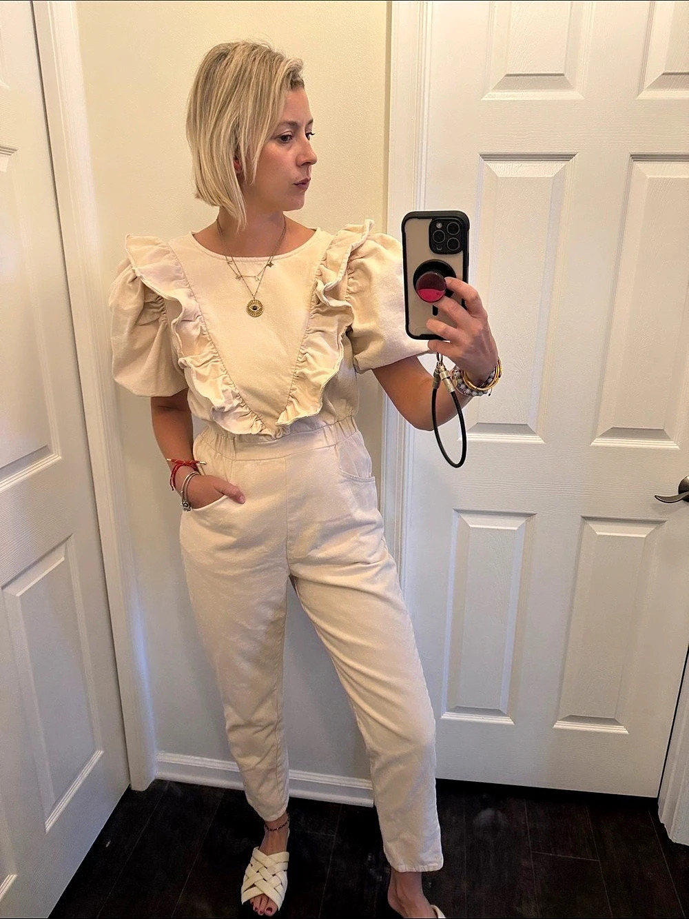 Cream Ruffle Sleeve Jumpsuit